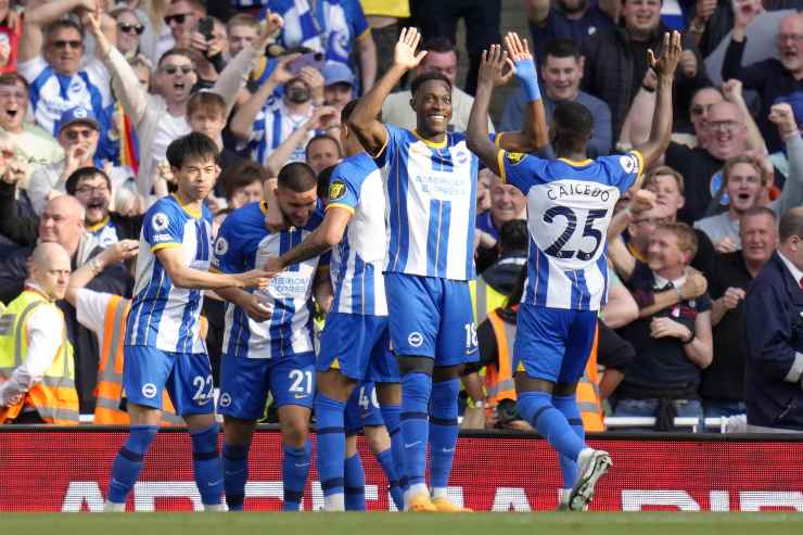 Some Brighton players celebrate after a goal